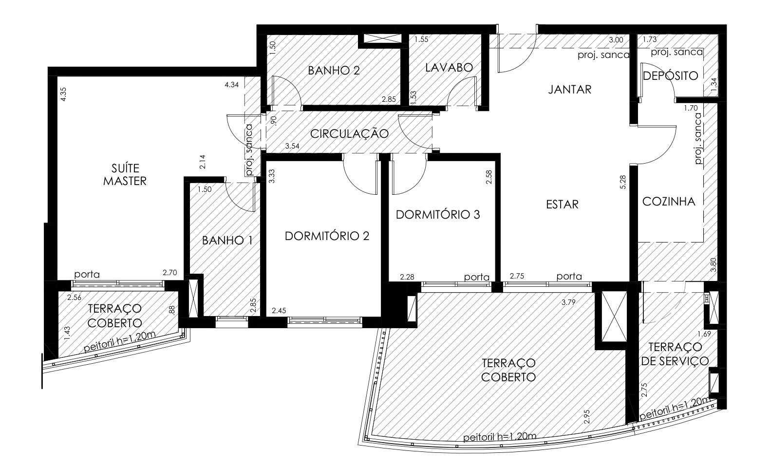 Planta 107 m² 3 dorms.