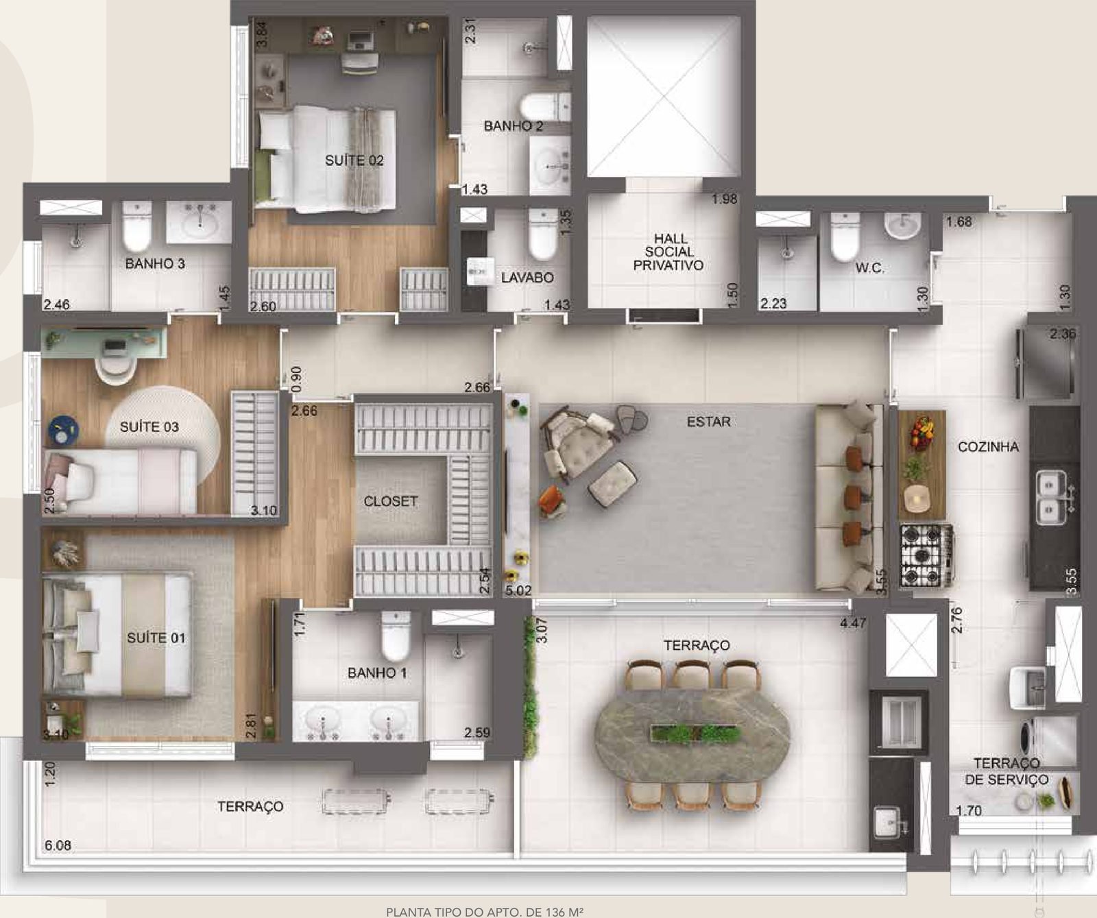 Planta 136 m² 3 suítes